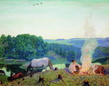 Paysage des plaines œuvres - nuit de cheminée 1916 Boris Mikhailovich Kustodiev plan scènes paysage